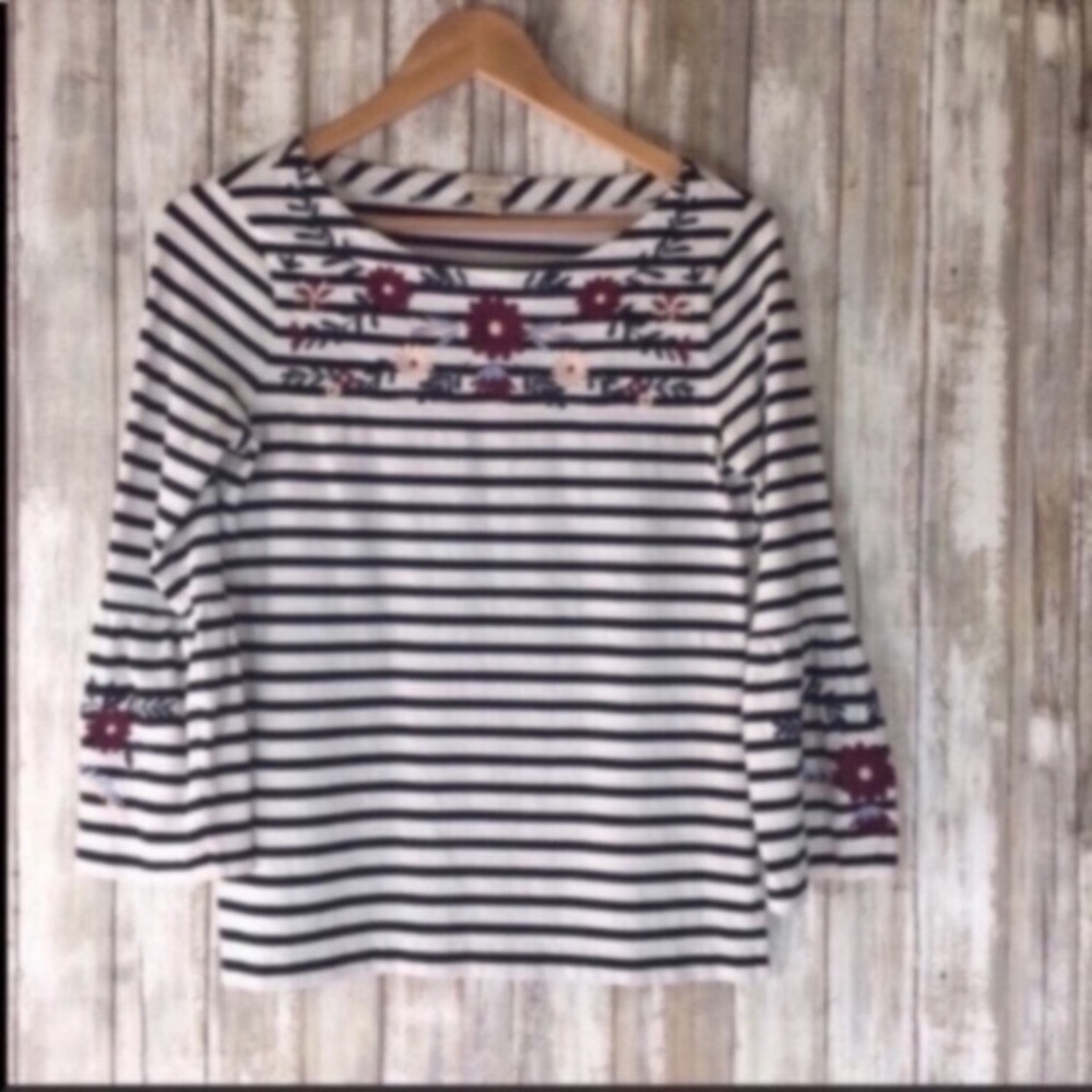 J.Crew Striped Embroidered Bell Sleeve Top XS Blue White Cotton - Picture 2 of 6